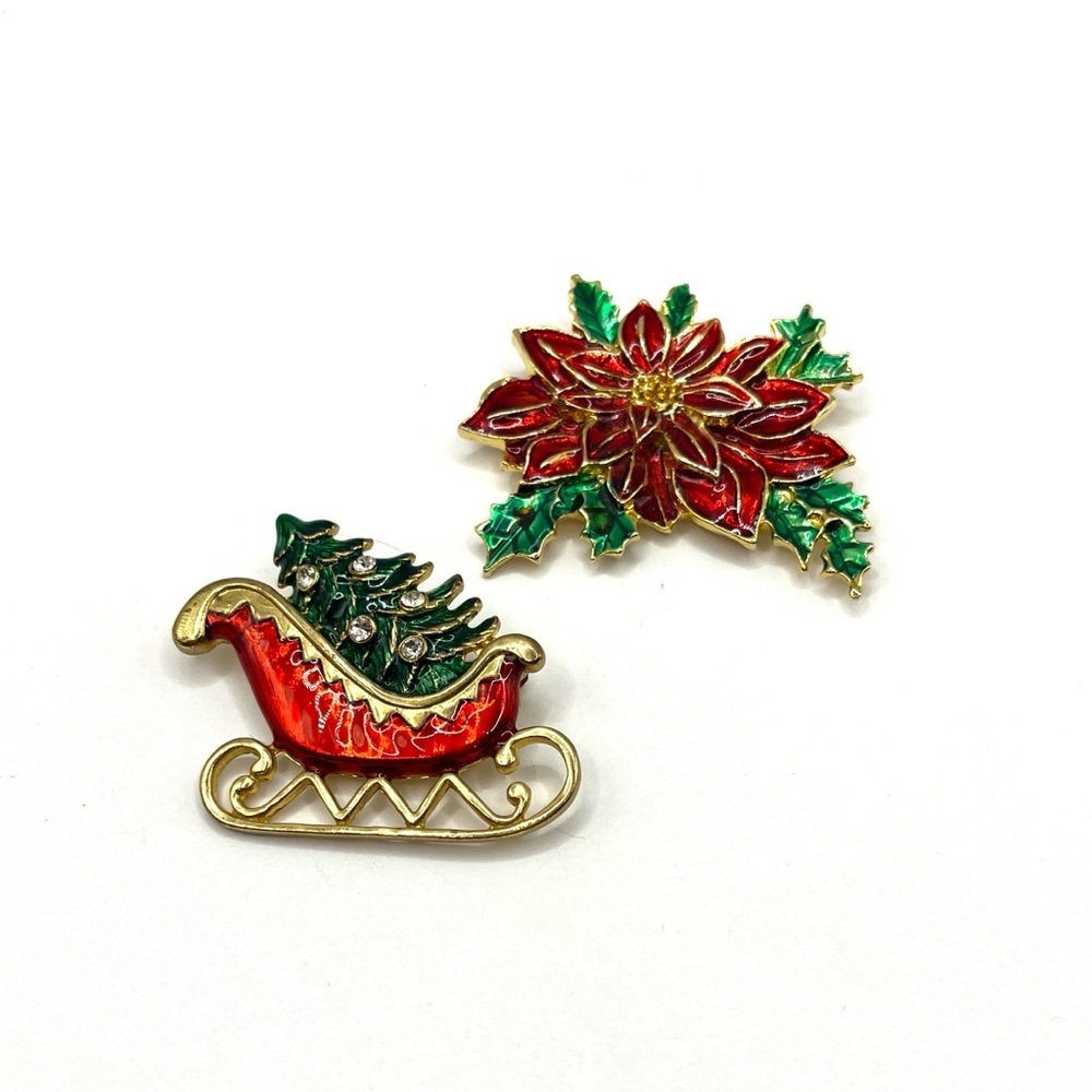 Festive Red and Green Poinsettias and Red Sled Christmas Tree Brooches